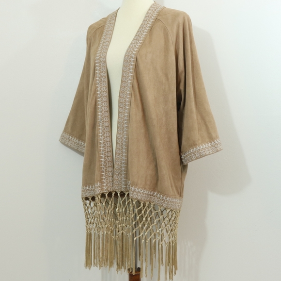Chloah Tan Embroidered Fringe  Boho Kimono - Picture 3 of 12